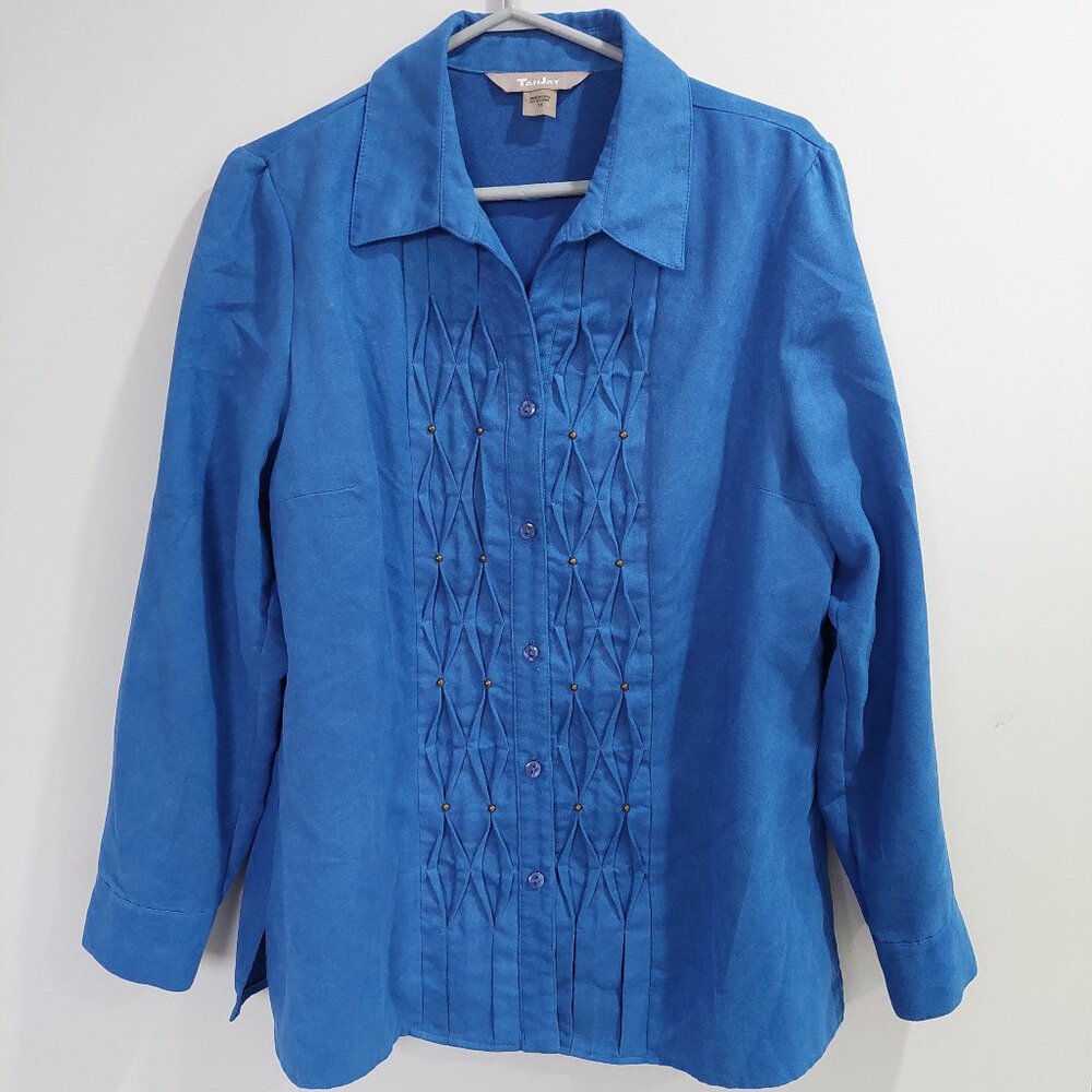 Tanjay Women's Size14 Blue Faux Sueded Shirt Decorative Pintuck Pleats & Stud